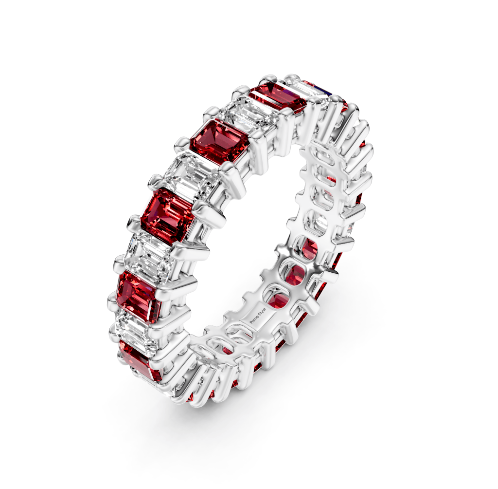 4.00 - 6.00 CT Emerald Cut Rubies and Diamonds - Eternity Rings - Primestyle.com