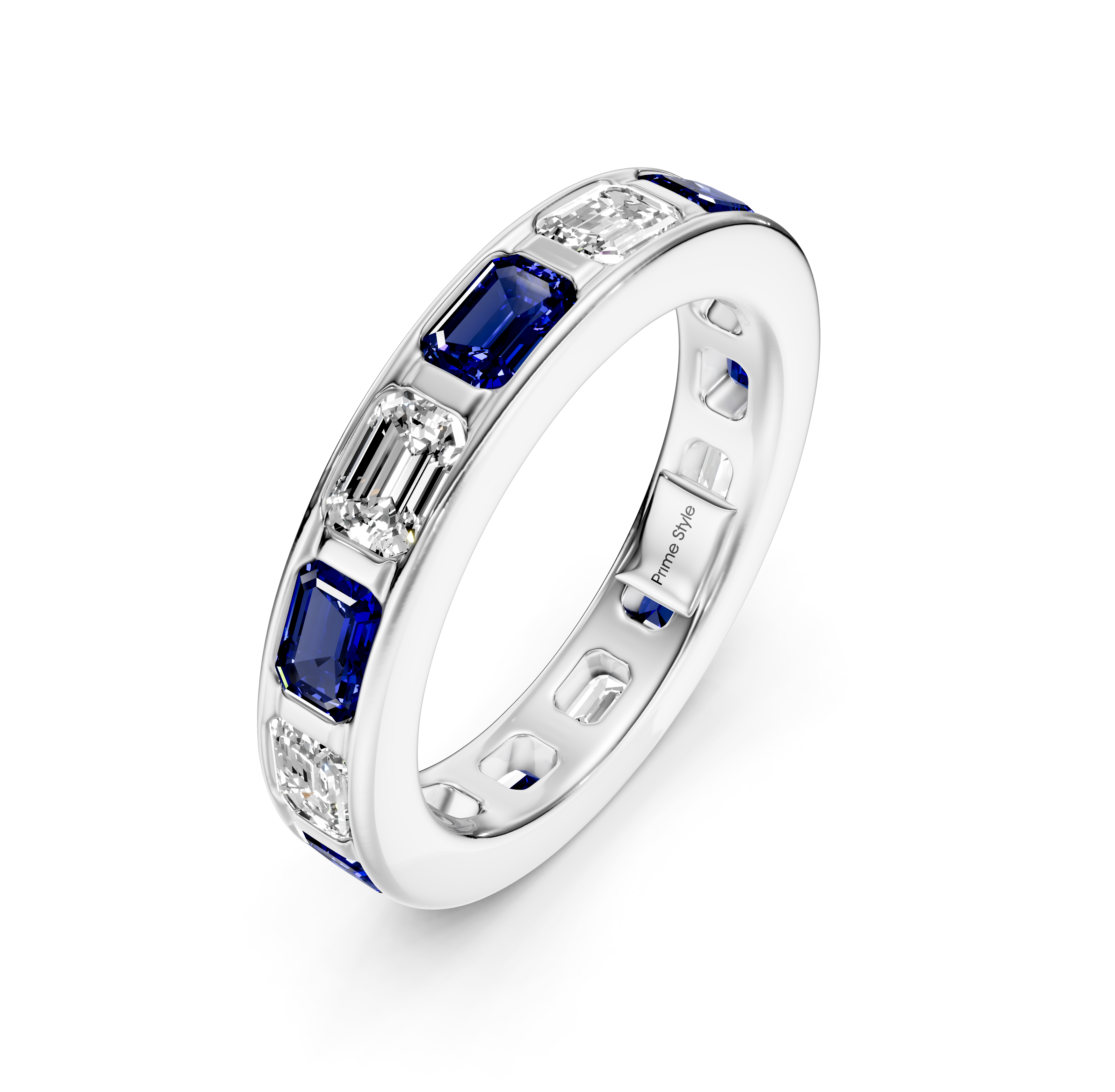 2.50 CT Emerald Cut Blue Sapphires and Diamonds - Eternity Rings