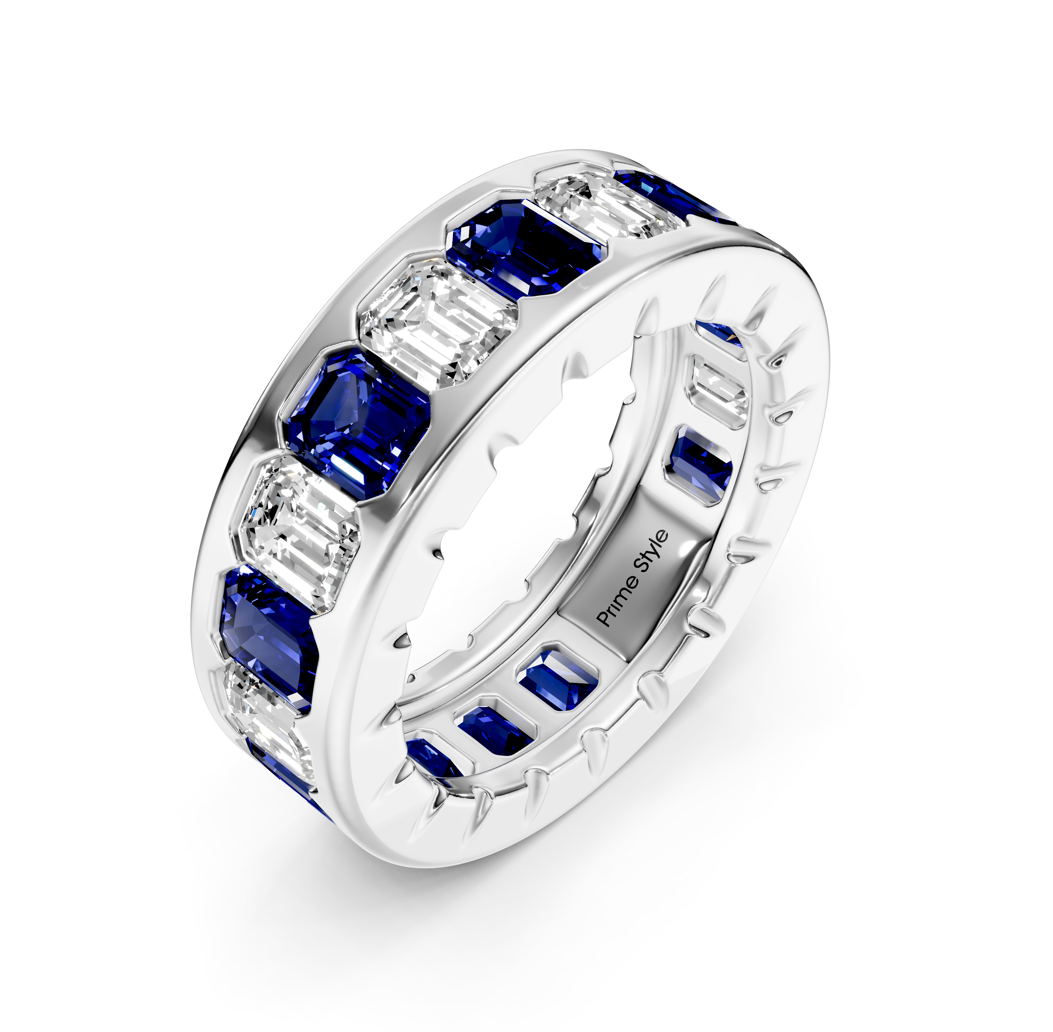 5.20 CT Emerald Cut Blue Sapphires and Diamonds - Eternity Rings