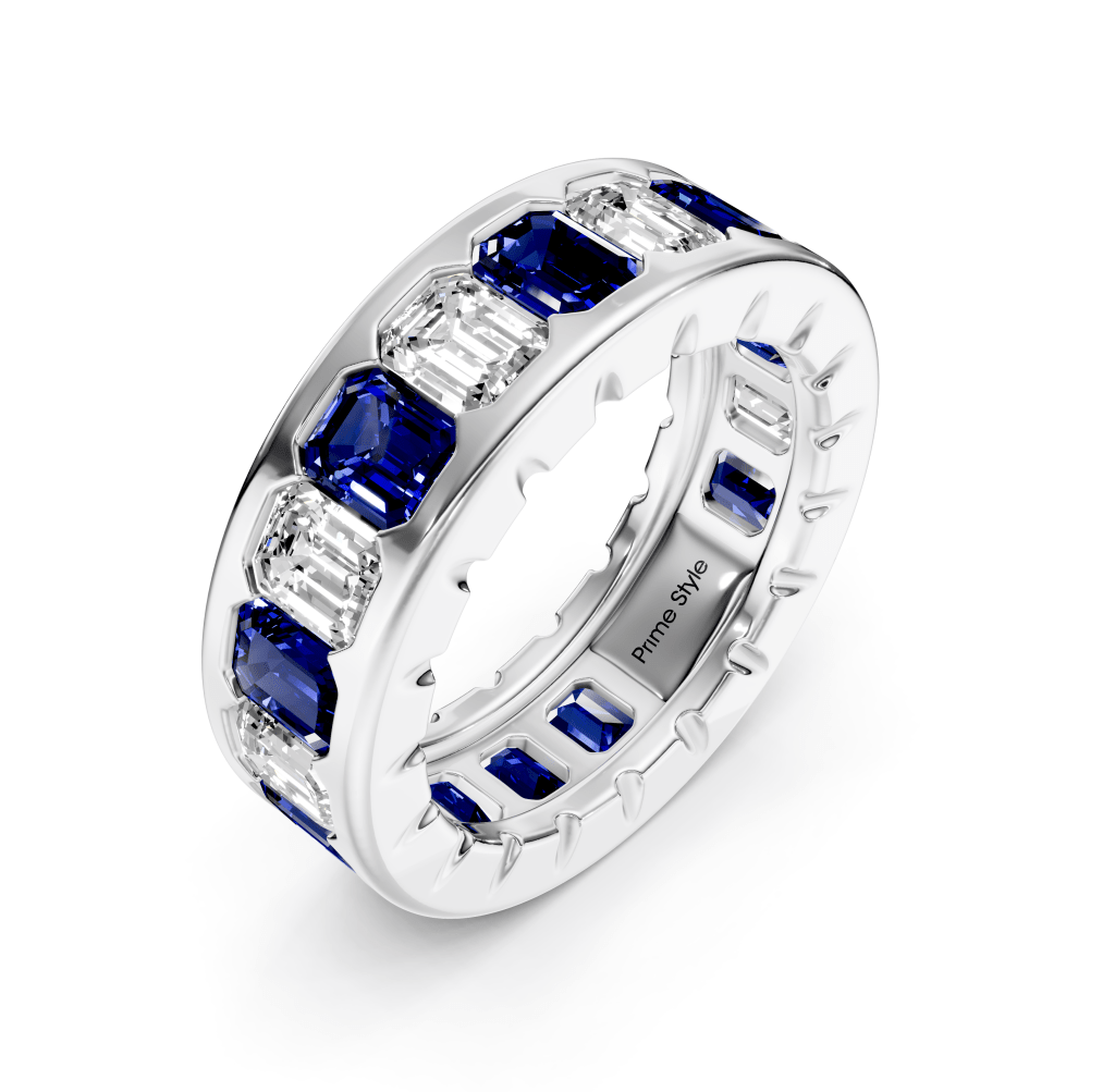 5.20 CT Emerald Cut Blue Sapphires and Diamonds - Eternity Rings - Primestyle.com