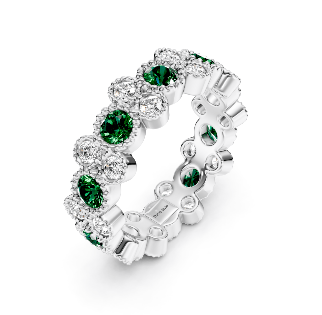 1.70 CT Round Cut Green Emeralds and Diamonds - Eternity Rings - Primestyle.com