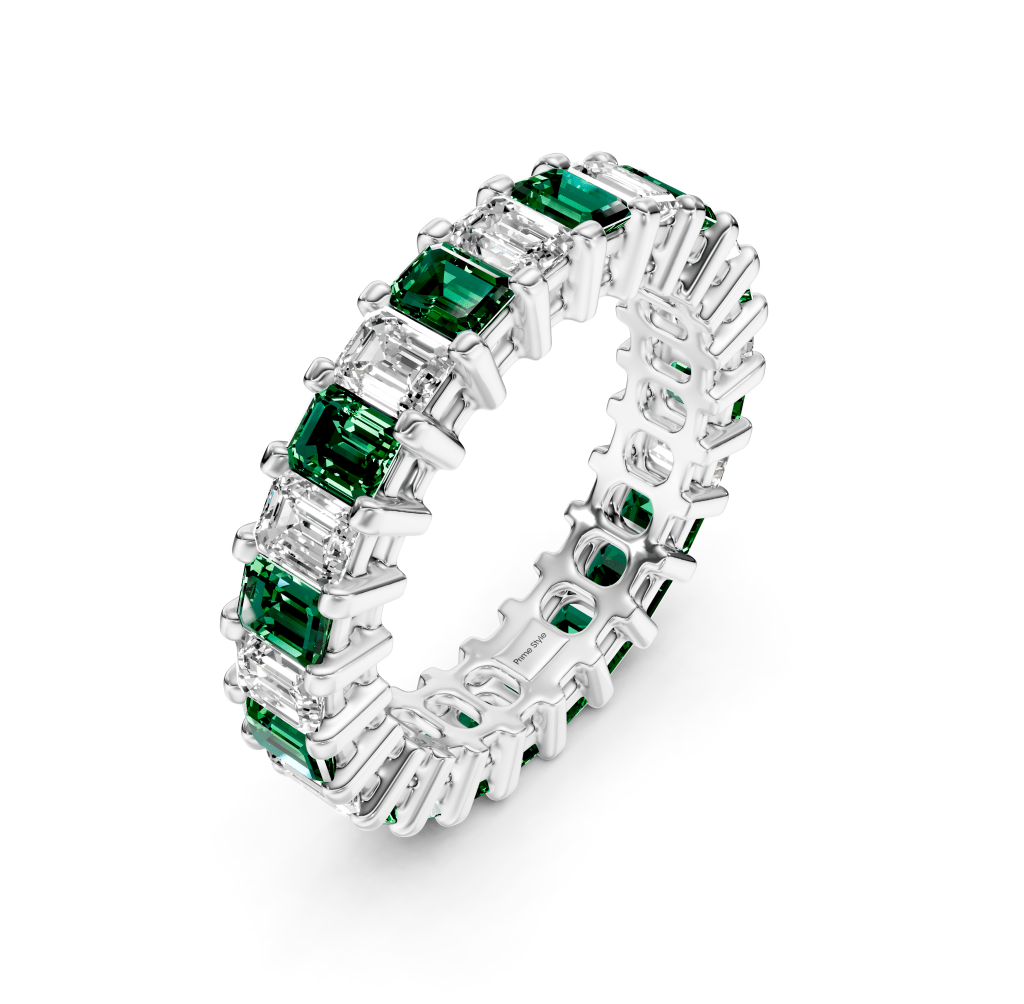 4.00 - 6.00 CT Emerald Cut Green Emeralds and Diamonds - Eternity Rings - Primestyle.com