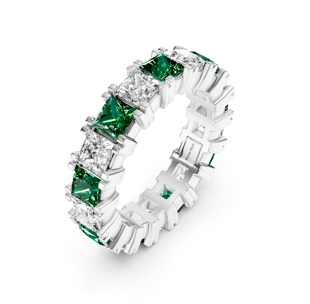 4.60 CT Princess Cut Green Emeralds and Diamonds - Eternity Rings - Primestyle.com