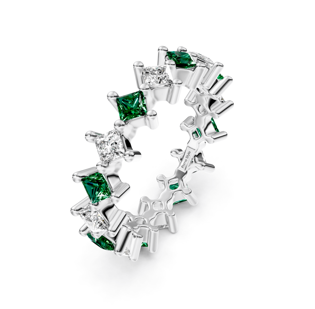 4.20 CT Princess Cut Green Emeralds and Diamonds - Eternity Rings - Primestyle.com