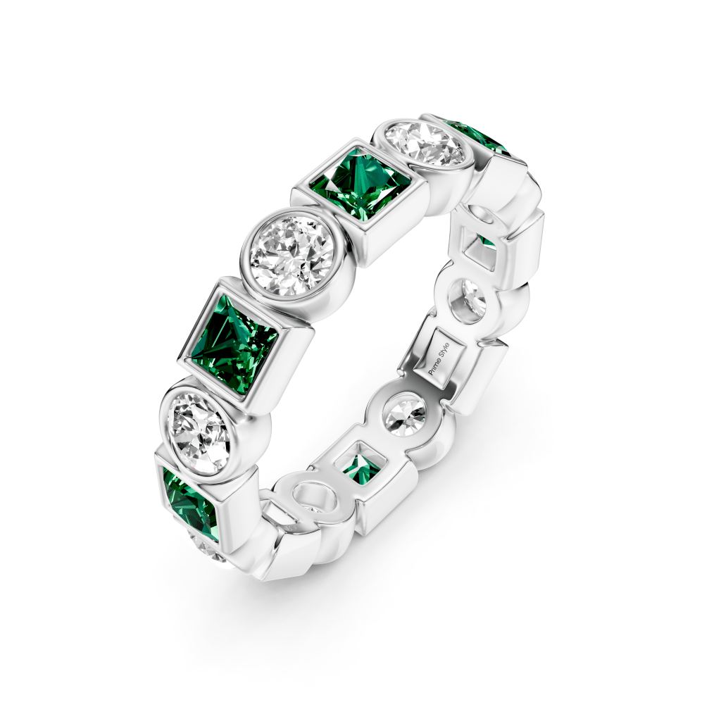 1.50 CT Princess & Round Cut Green Emeralds and Diamonds - Eternity Rings - Primestyle.com