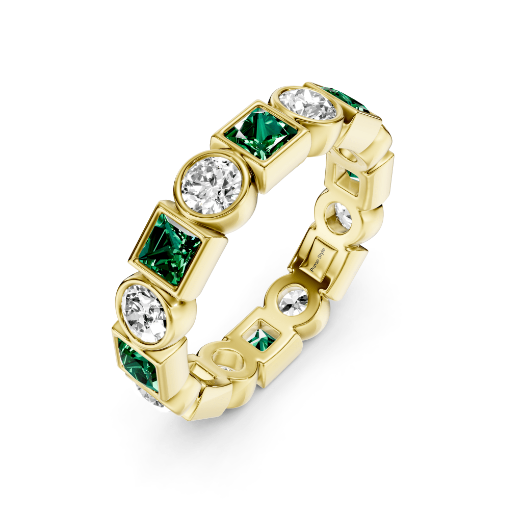 1.50 CT Princess & Round Cut Green Emeralds and Diamonds - Eternity Rings