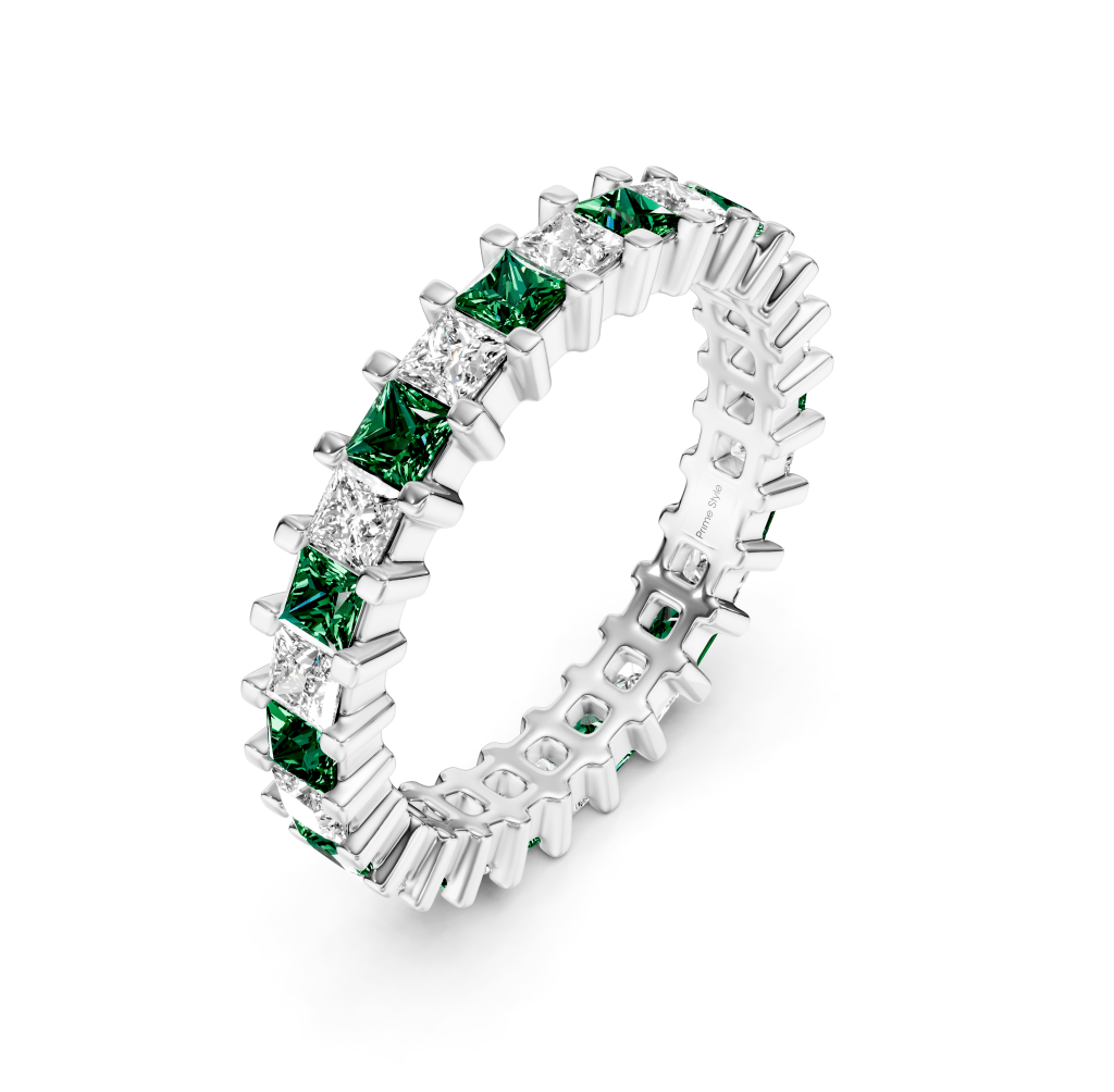 3.00 - 7.00 CT Princess Cut Green Emeralds and Diamonds - Eternity Rings - Primestyle.com