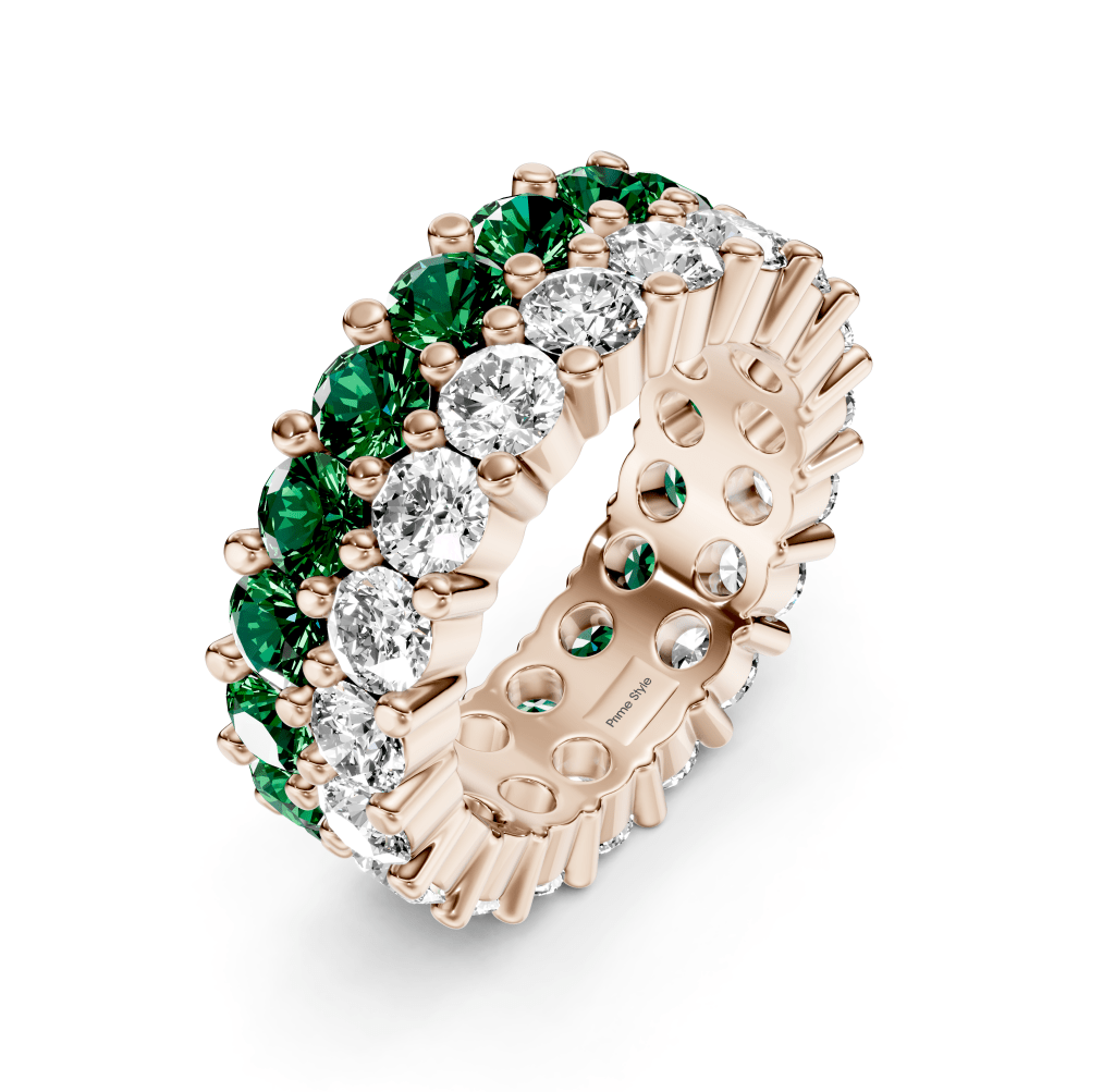 7.20 CT Round Cut Green Emeralds and Diamonds - Eternity Rings