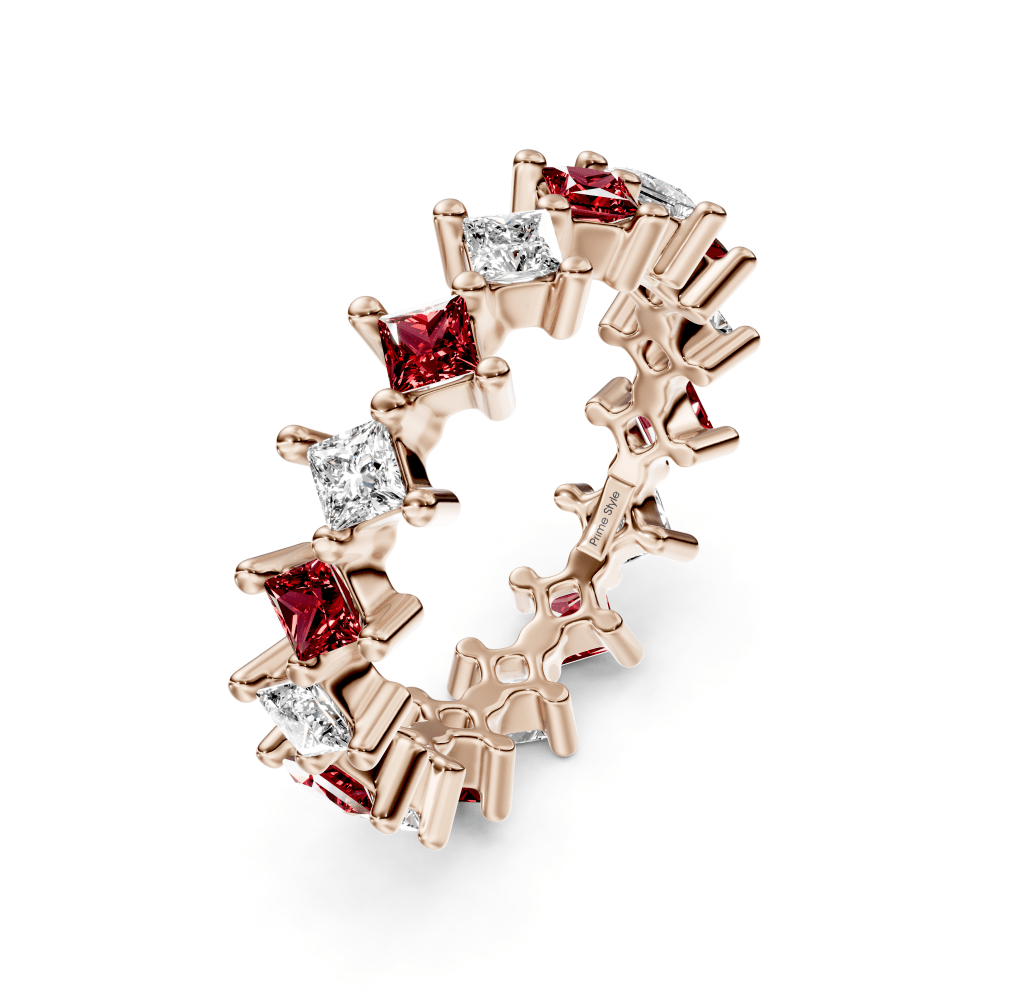 4.20 CT Princess Cut Rubies and Diamonds - Eternity Rings