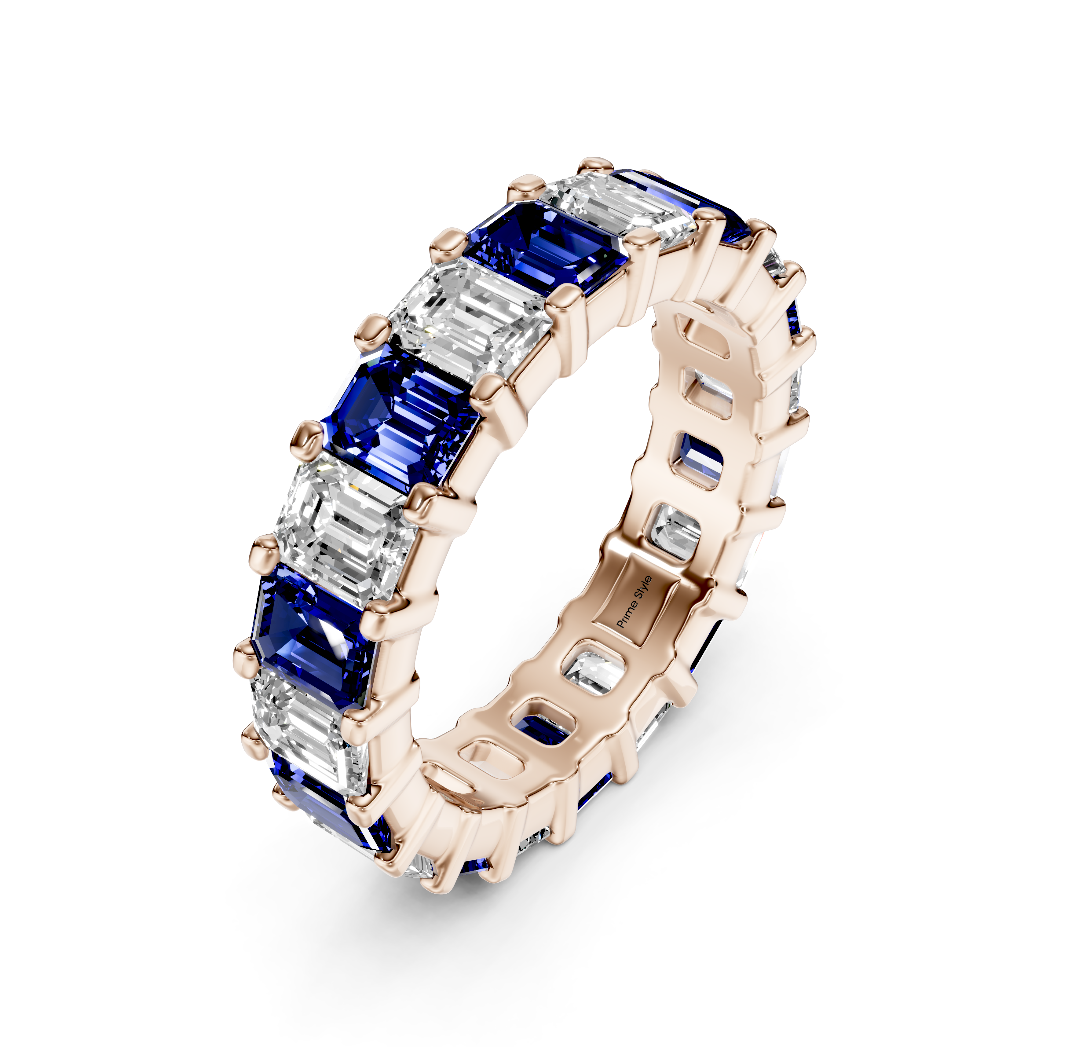 5.20 CT Emerald Cut Blue Sapphires and Diamonds - Eternity Rings