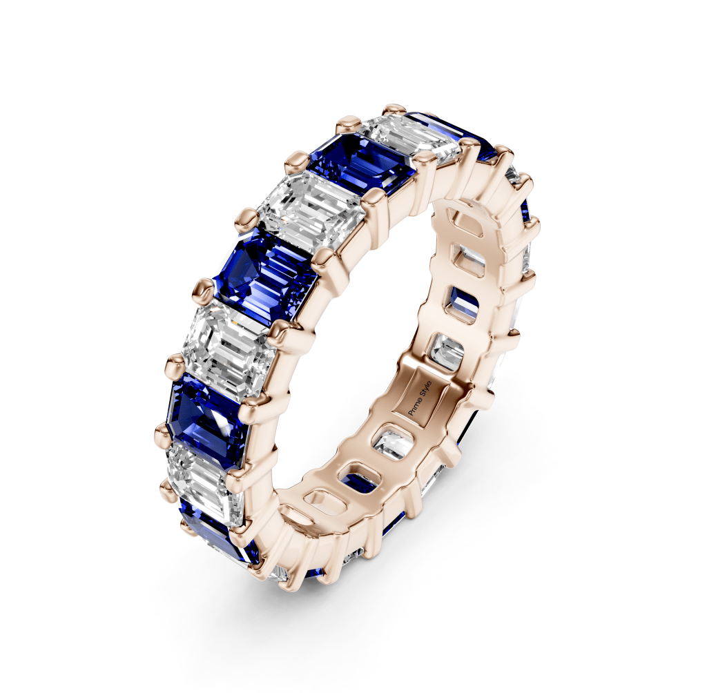 5.20 CT Emerald Cut Blue Sapphires and Diamonds - Eternity Rings