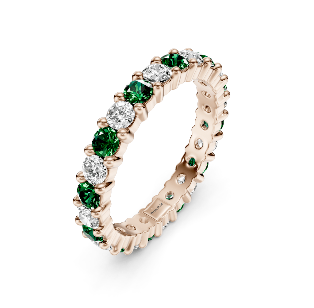 1.50 CT Round Cut Green Emeralds and Diamonds - Eternity Rings