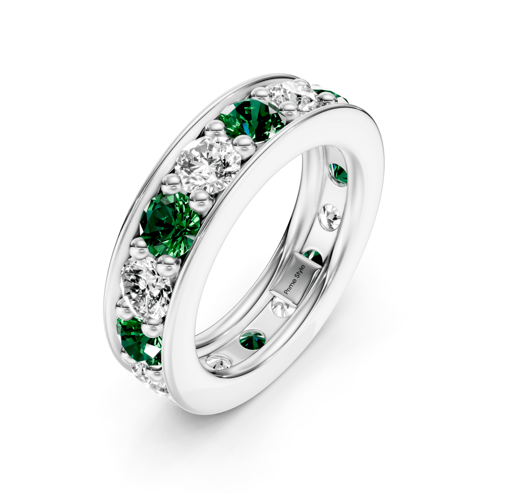 0.50-2.00 CT Round Cut Green Emeralds and Diamonds - Eternity Rings