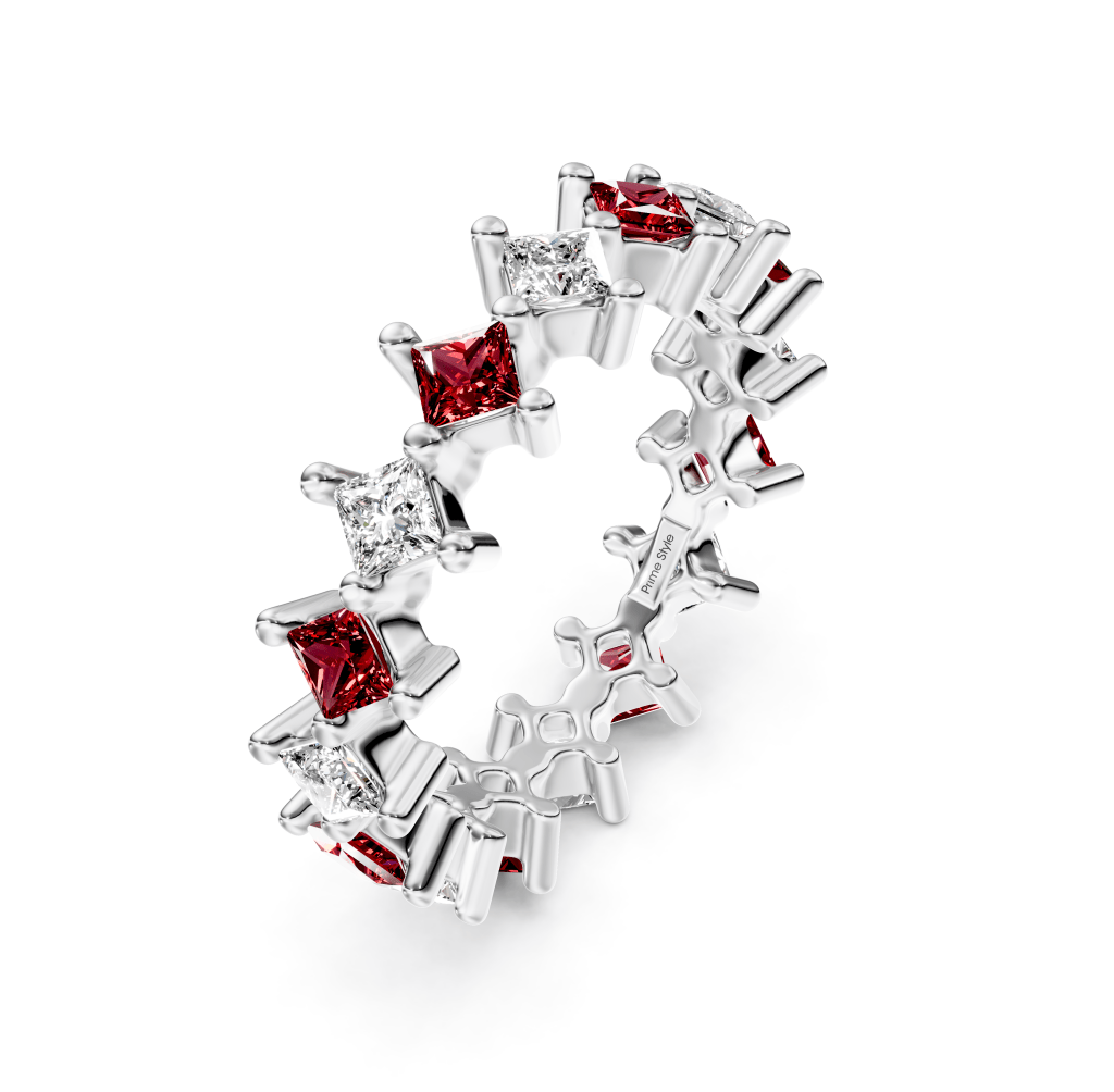 4.20 CT Princess Cut Rubies and Diamonds - Eternity Rings