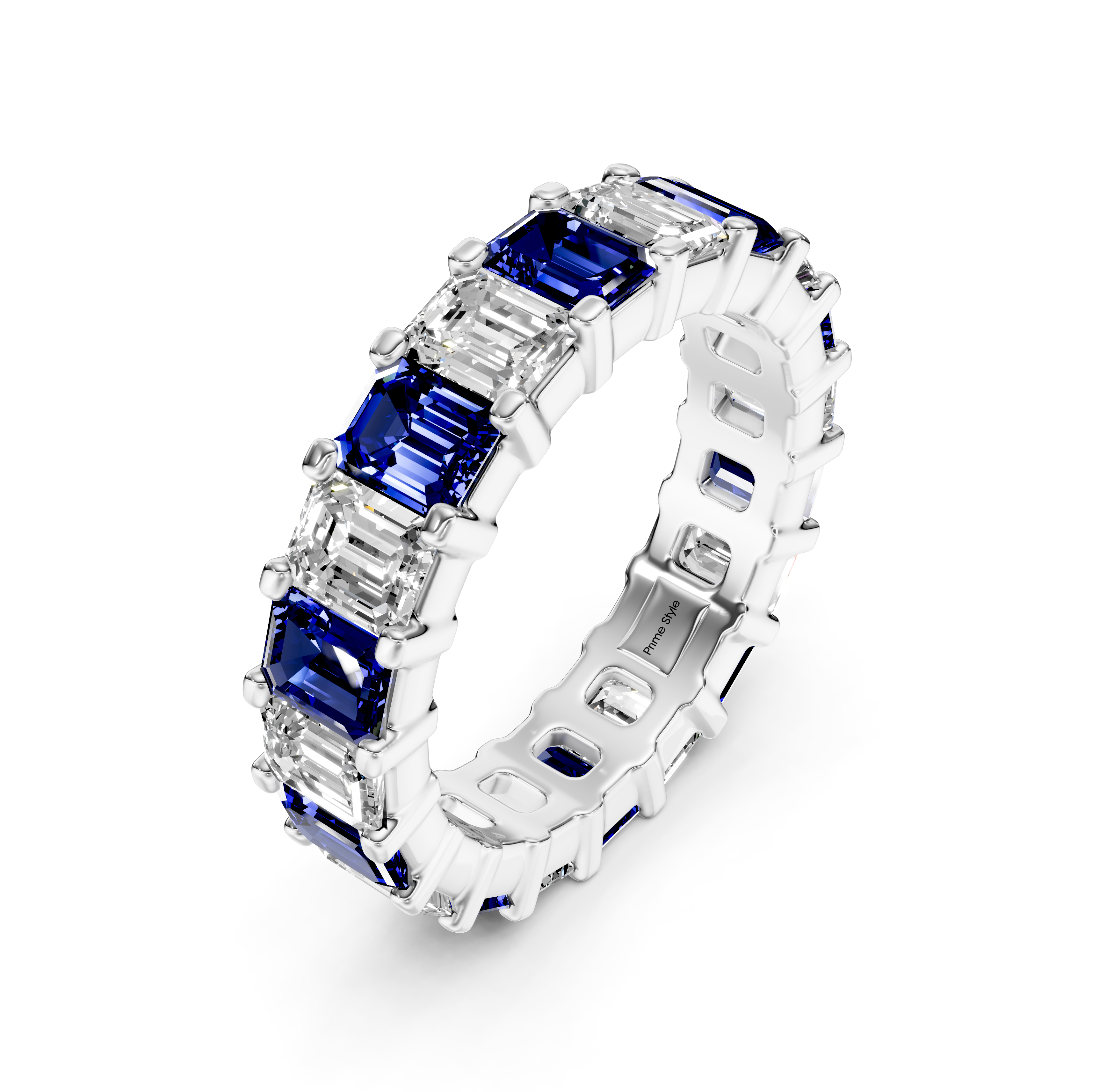 5.20 CT Emerald Cut Blue Sapphires and Diamonds - Eternity Rings