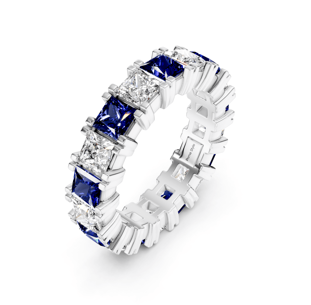 4.60 CT Princess Cut Blue Sapphires and Diamonds - Eternity Rings