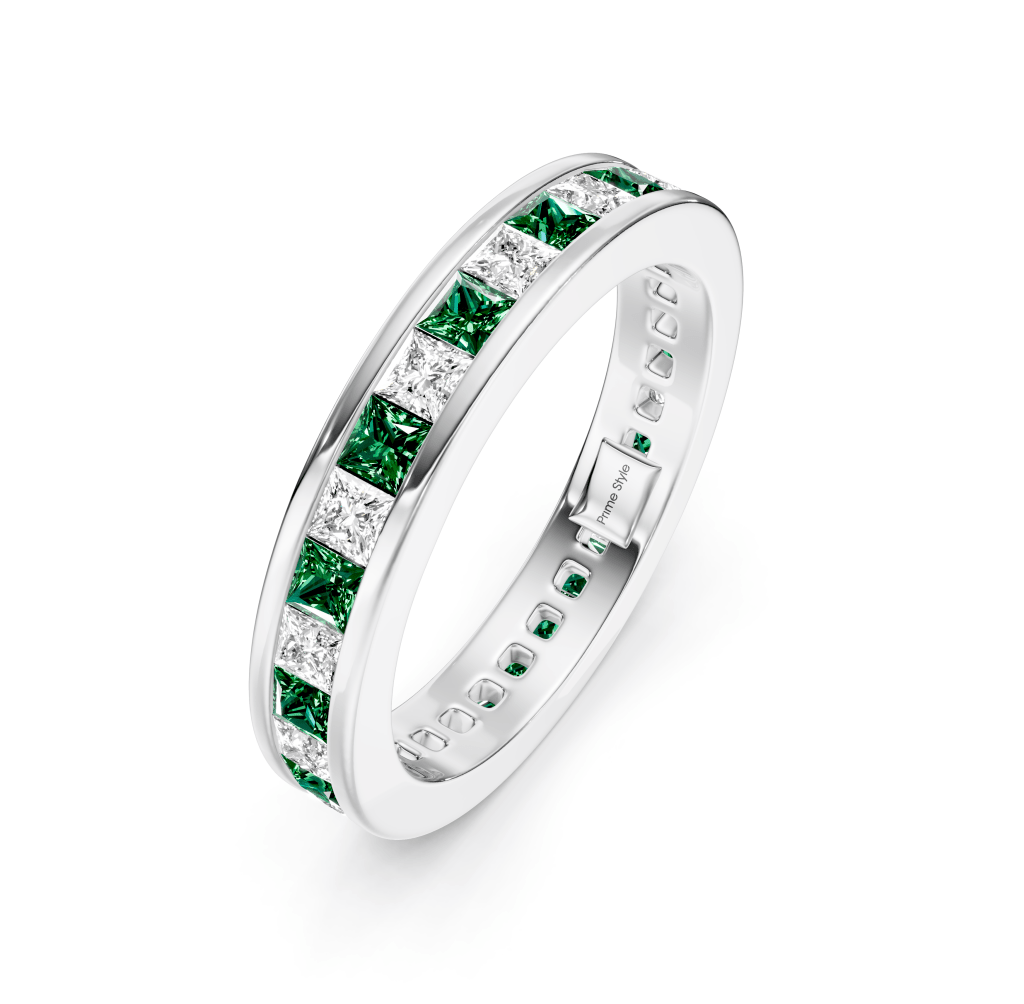 1.60 CT Princess Cut Green Emeralds and Diamonds - Eternity Rings