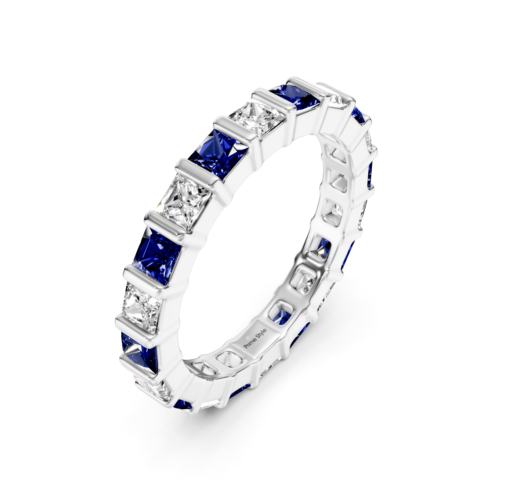 2.50 CT Princess Cut Blue Sapphires and Diamonds - Eternity Rings - Primestyle.com