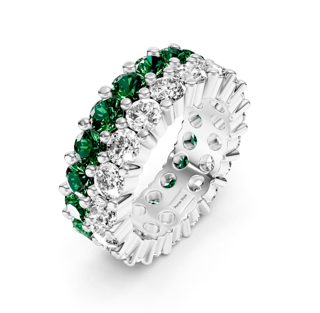 7.20 CT Round Cut Green Emeralds and Diamonds - Eternity Rings