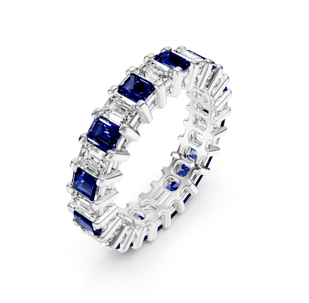 4.00 - 6.00 CT Emerald Cut Blue Sapphires and Diamonds - Eternity Rings - Primestyle.com