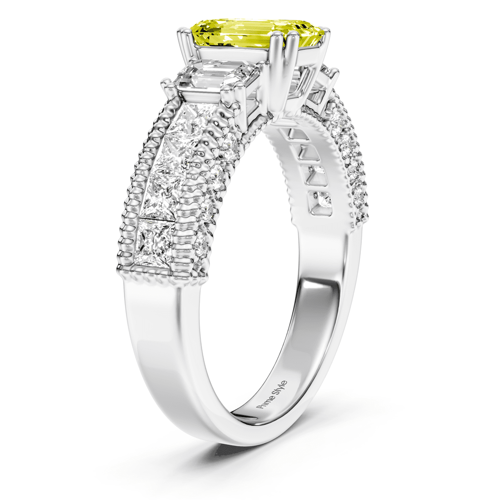 2.60-5.60 CT Emerald & Princess & Round Cut Fancy Yellow Diamonds - Engagement Ring