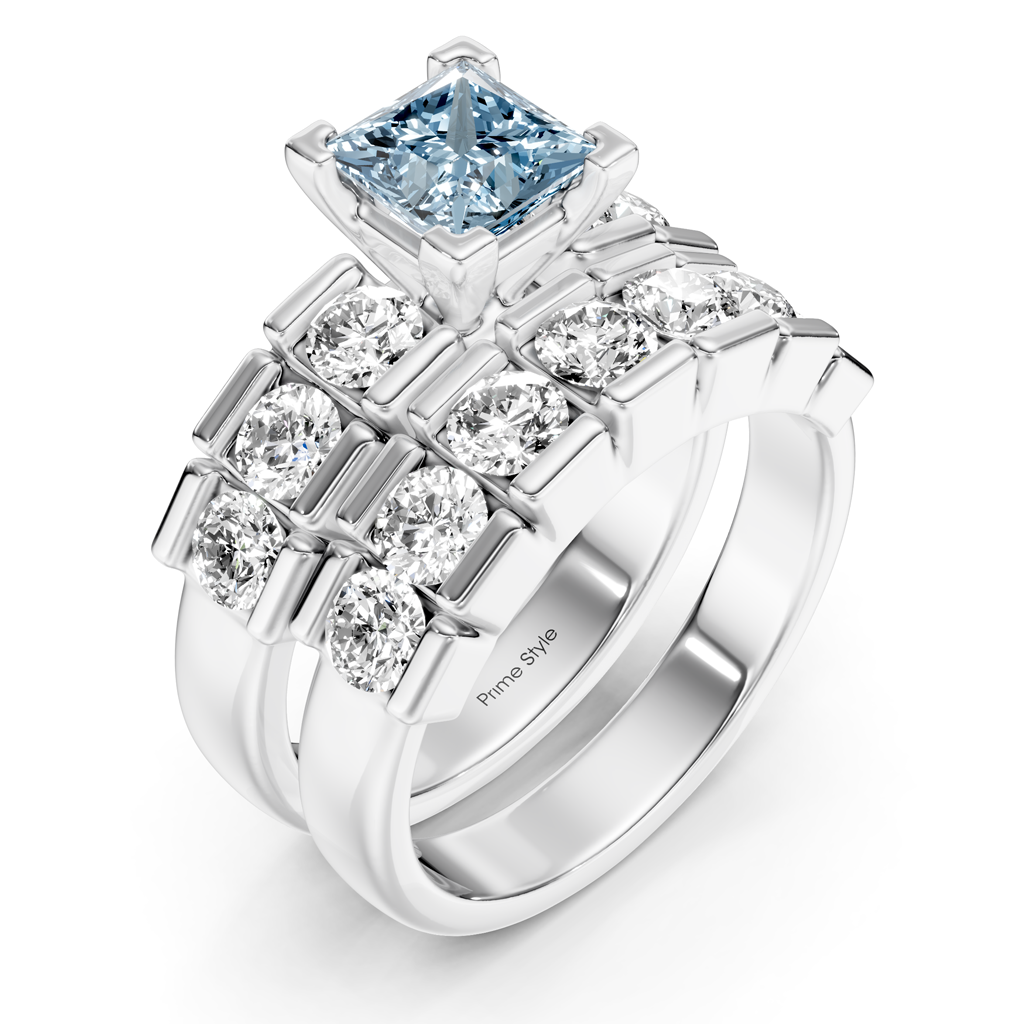 2.85-5.85 CT Princess & Round Cut Fancy Blue Diamonds - Bridal Set