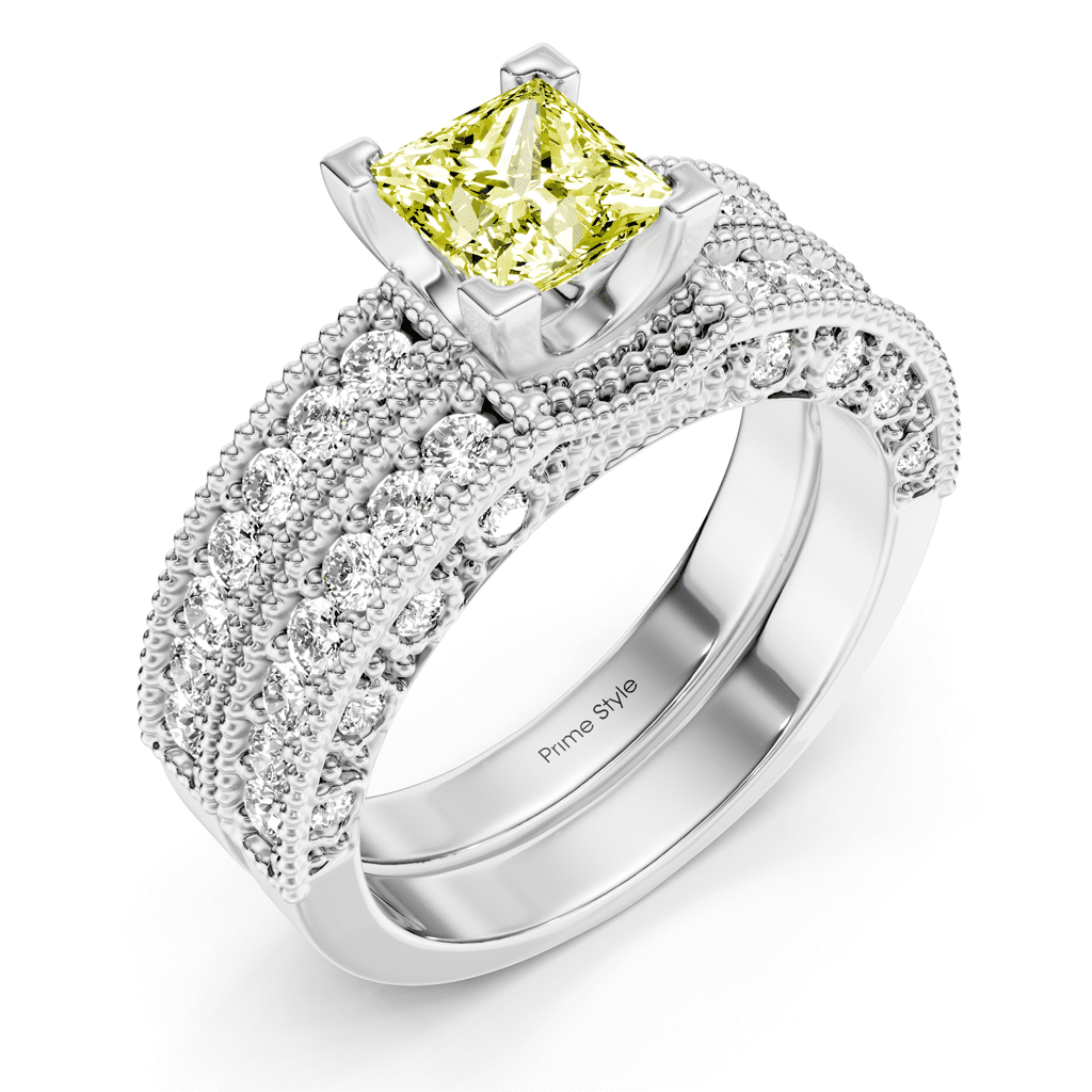 2.10-5.10 CT Princess & Round Cut Fancy Yellow Diamonds - Bridal Set