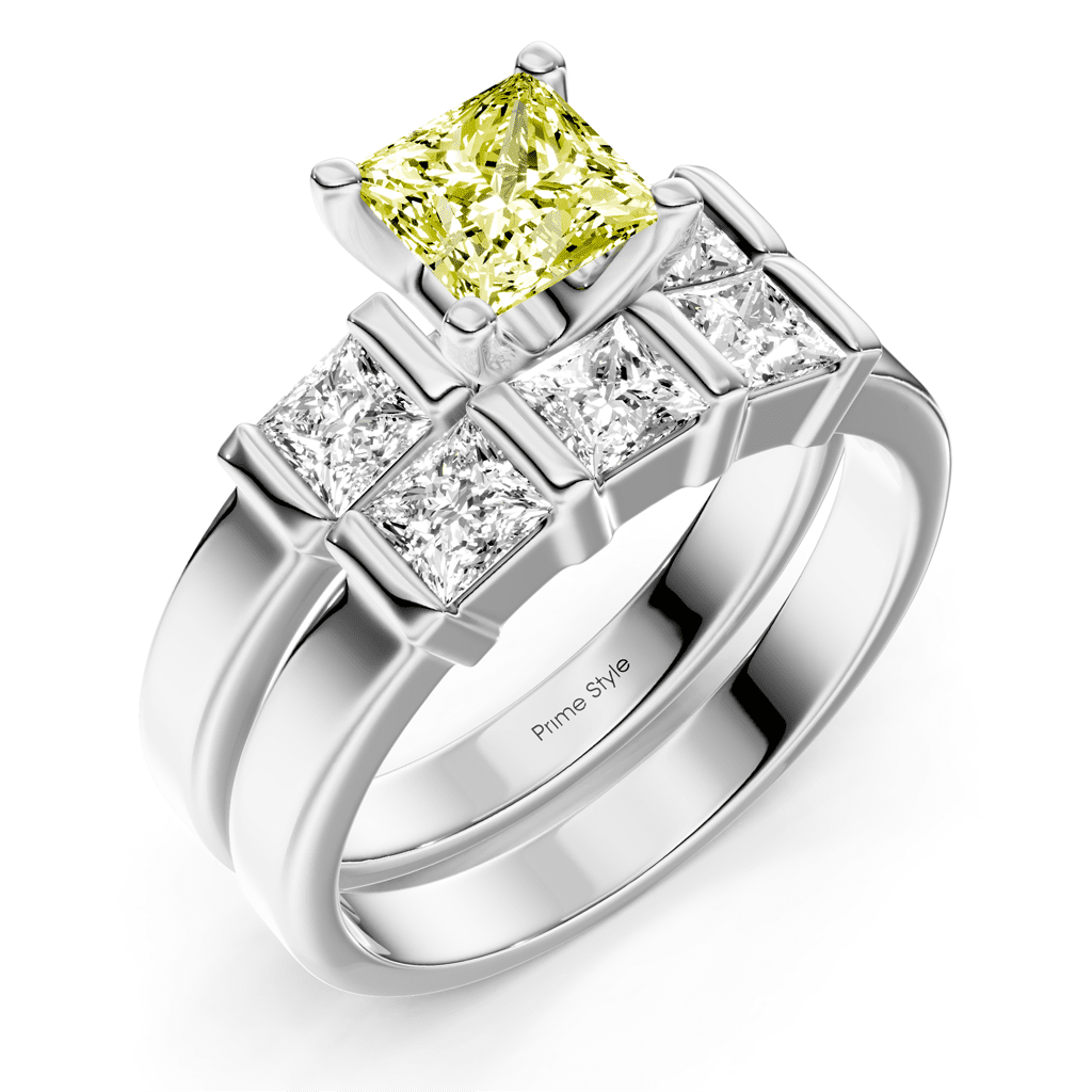 2.55 - 5.55 CT Princess Cut Fancy Yellow Diamonds - Bridal Set - Primestyle.com