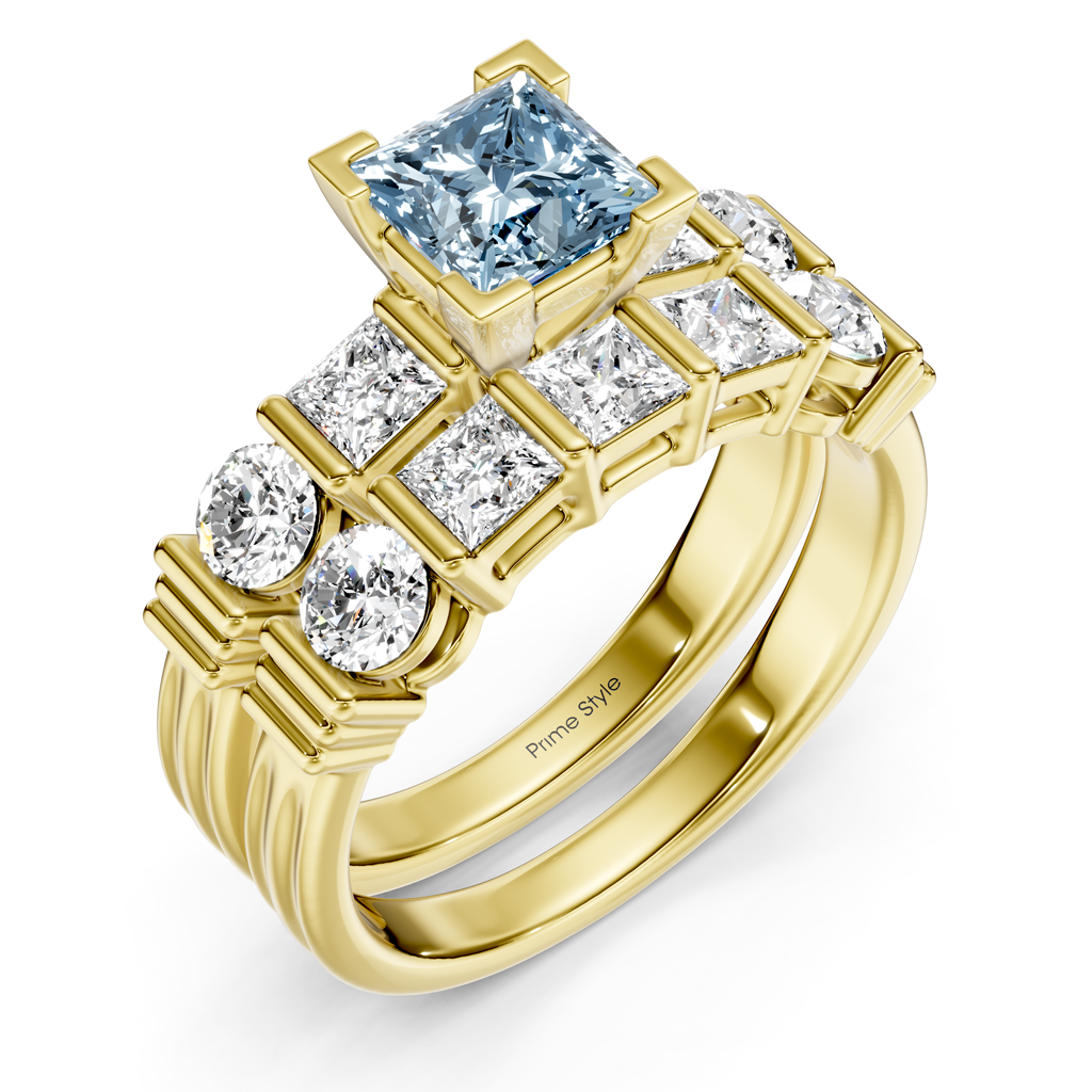 2.55-5.55 CT Princess & Round Cut Fancy Blue Diamonds - Bridal Set