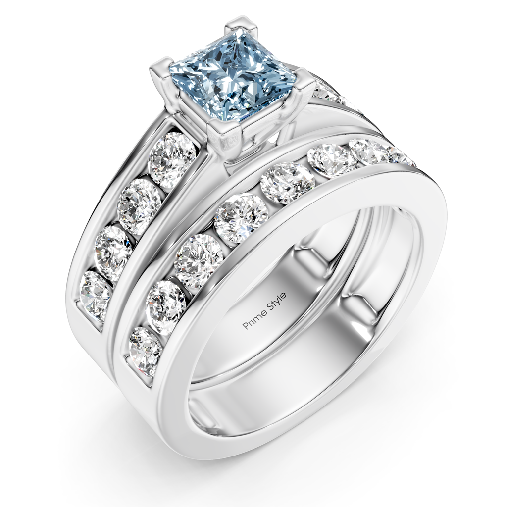 2.60-5.60 CT Princess & Round Cut Fancy Blue Diamonds - Bridal Set