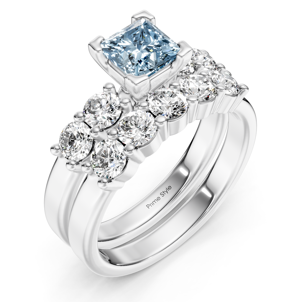 2.40-5.40 CT Princess & Round Cut Fancy Blue Diamonds - Bridal Set