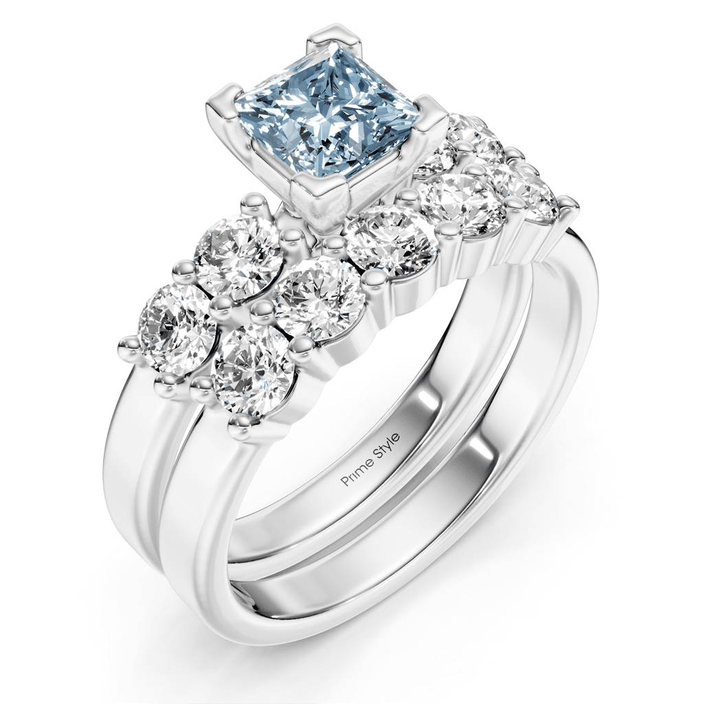 2.40-5.40 CT Princess & Round Cut Fancy Blue Diamonds - Bridal Set