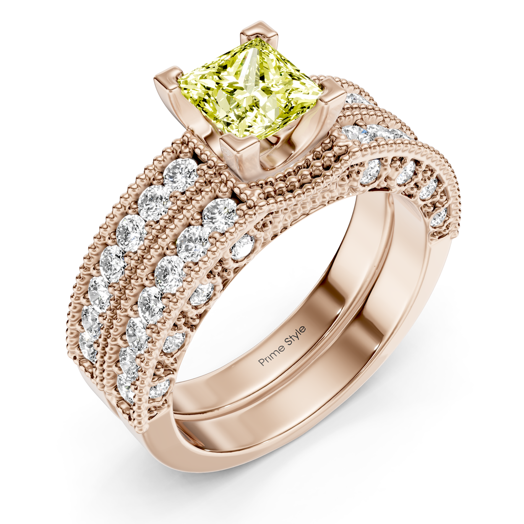 2.10-5.10 CT Princess & Round Cut Fancy Yellow Diamonds - Bridal Set