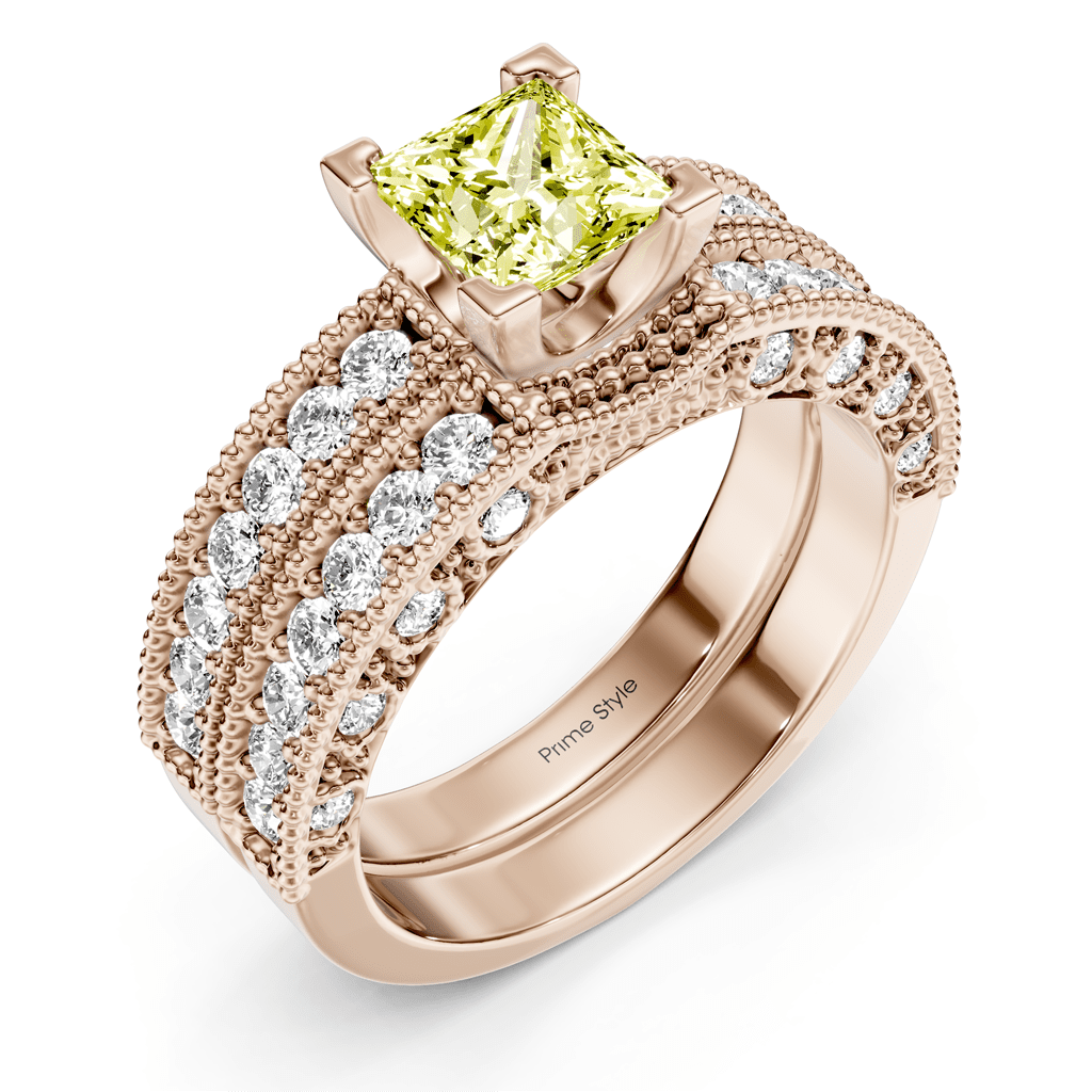 2.10 - 5.10 CT Princess & Round Cut Fancy Yellow Diamonds - Bridal Set - Primestyle.com
