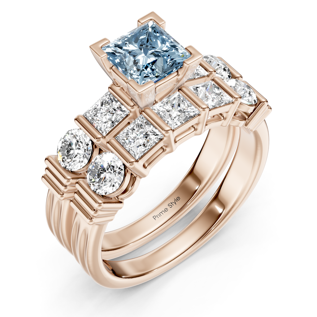 2.55-5.55 CT Princess & Round Cut Fancy Blue Diamonds - Bridal Set