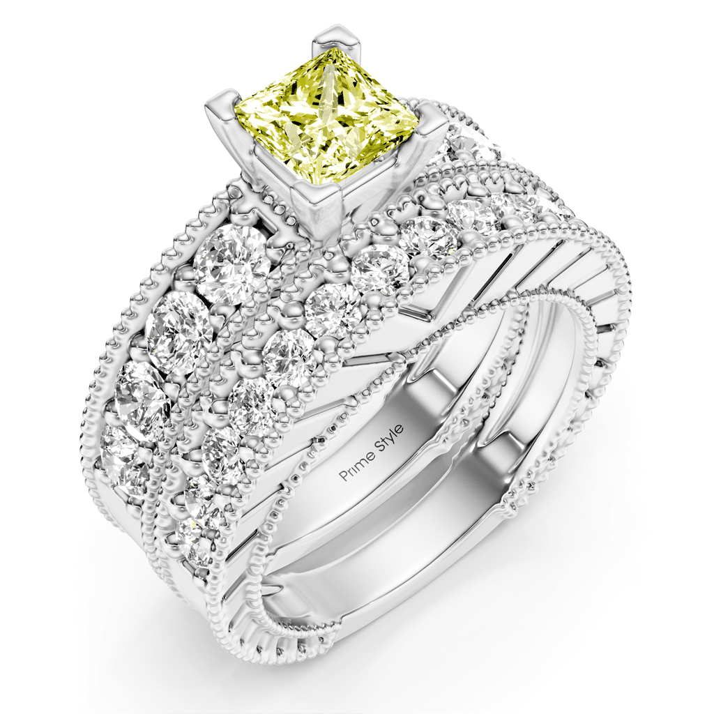 2.45 - 5.45 CT Princess & Round Cut Fancy Yellow Diamonds - Bridal Set - Primestyle.com