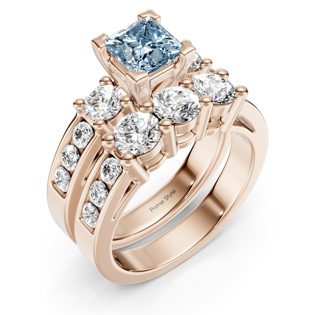 2.80-5.80 CT Princess & Round Cut Fancy Blue Diamonds - Bridal Set