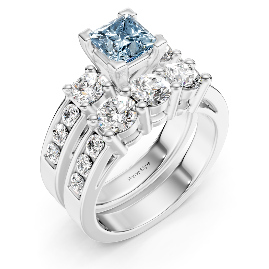 2.80-5.80 CT Princess & Round Cut Fancy Blue Diamonds - Bridal Set