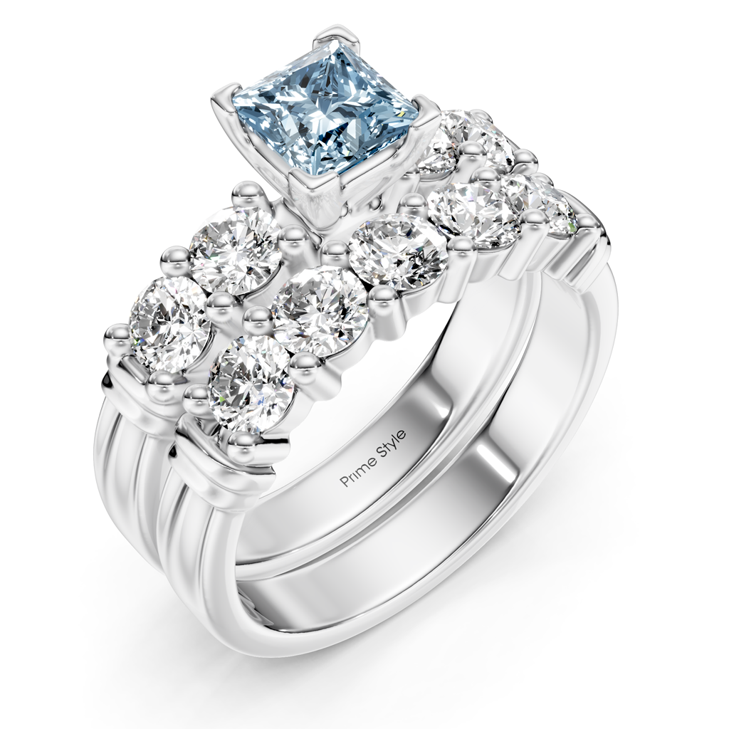 2.20-5.20 CT Princess & Round Cut Fancy Blue Diamonds - Bridal Set