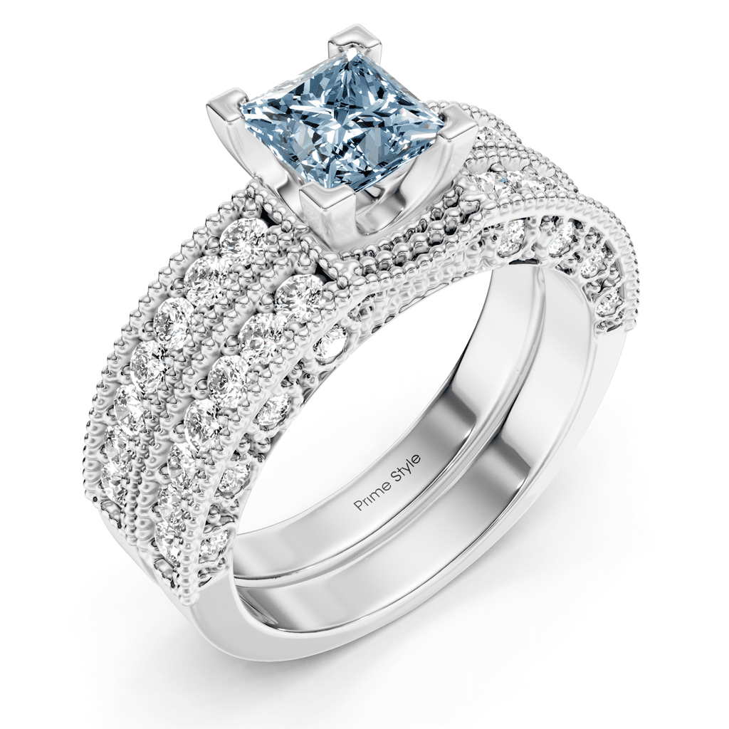 2.10 - 5.10 CT Princess & Round Cut Fancy Blue Diamonds - Bridal Set - Primestyle.com