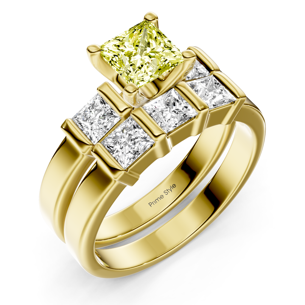 2.55-5.55 CT Princess Cut Fancy Yellow Diamonds - Bridal Set
