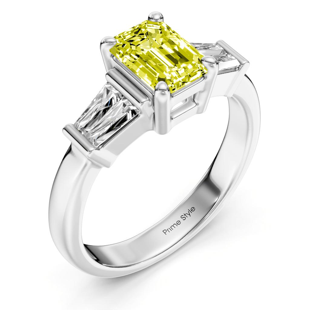 1.40-4.40 CT Emerald & Taper Cut Fancy Yellow Diamonds - Engagement Ring