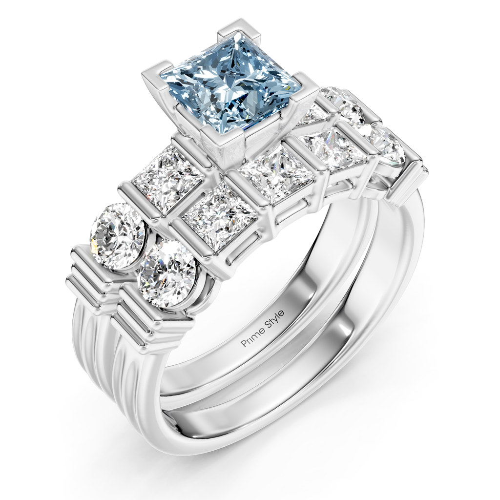 2.55-5.55 CT Princess & Round Cut Fancy Blue Diamonds - Bridal Set