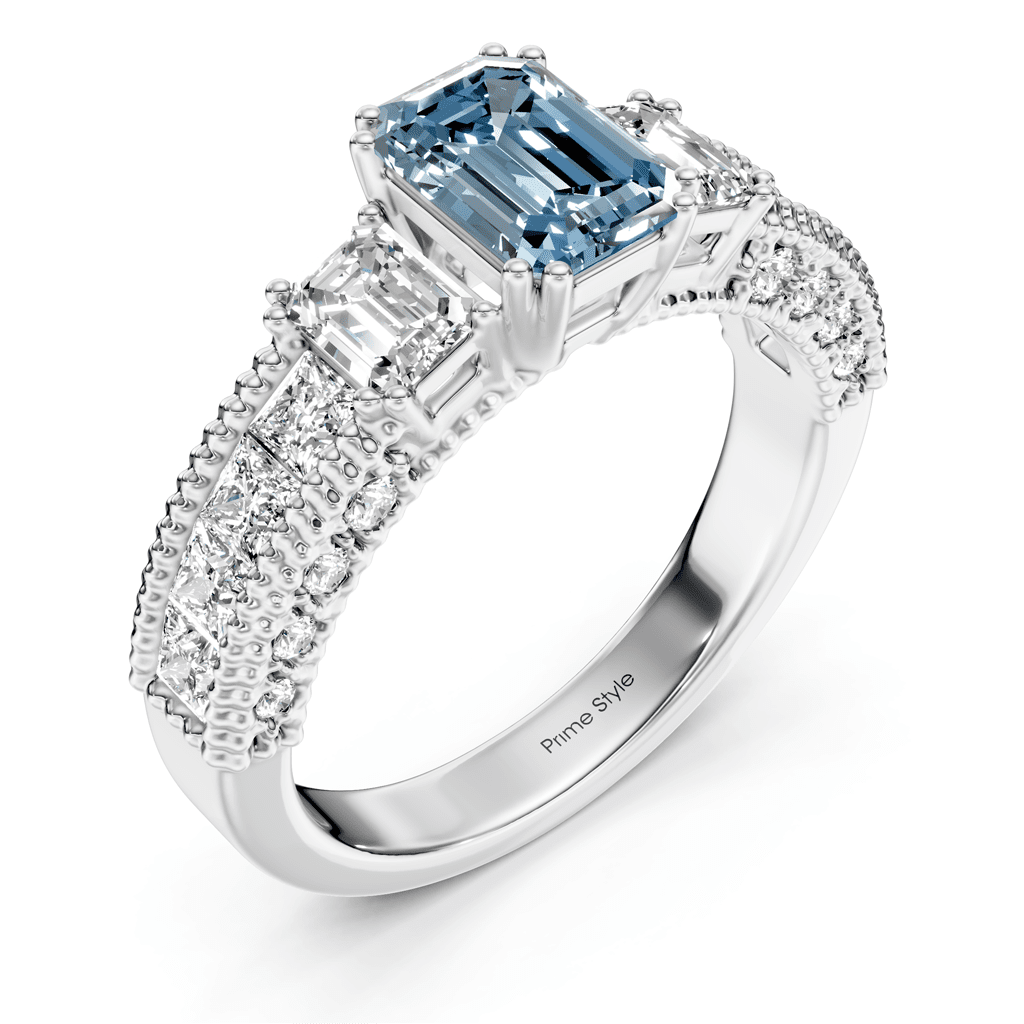 2.60-5.60 CT Emerald & Princess & Round Cut Fancy Blue Diamonds - Engagement Ring