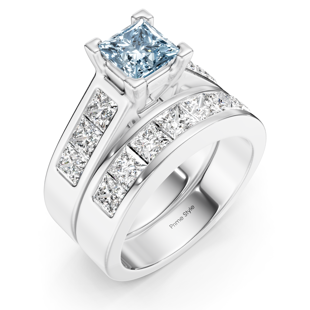 3.25-6.25 CT Princess Cut Fancy Blue Diamonds - Bridal Set