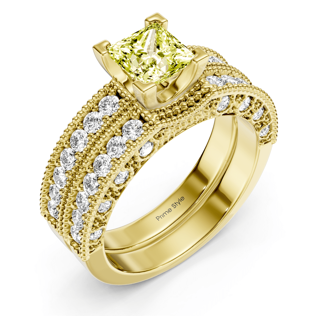 2.10-5.10 CT Princess & Round Cut Fancy Yellow Diamonds - Bridal Set