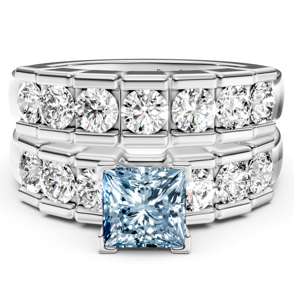 2.85-5.85 CT Princess & Round Cut Fancy Blue Diamonds - Bridal Set