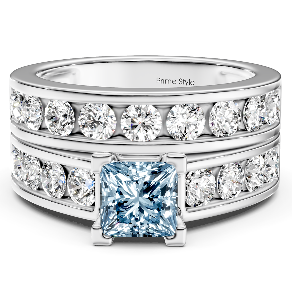 2.60-5.60 CT Princess & Round Cut Fancy Blue Diamonds - Bridal Set