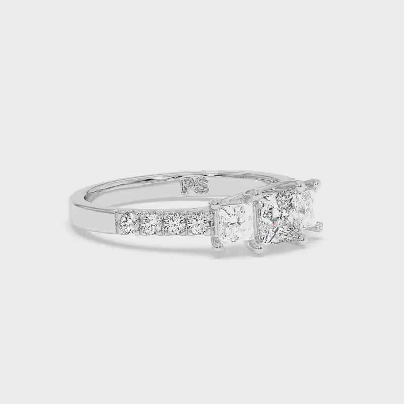 1.10 CT Round &amp; Princess Cut Lab Grown Diamonds - Three Stone Ring