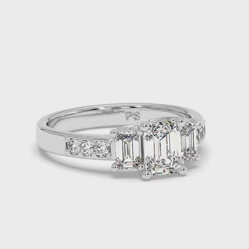 1.70-1.90 CT Round & Emerald Cut Diamonds - Three Stone Ring
